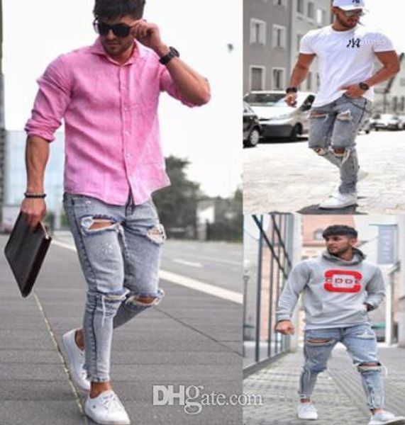 

jeans fashion street holes ripped distressed pencil pants slim fit male hommes pantalones mens light blue