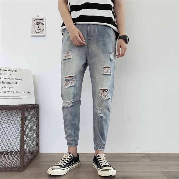 

ewq / men's jeans self-cultivation elastic force ankle-length pants for male tide holes patch 2020 spring new trouers 19h-a201, Blue