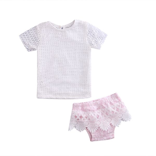 

newborn infant baby kids girls short sleeve t shirt+lace floral short pants outfits set cotton clothes, White