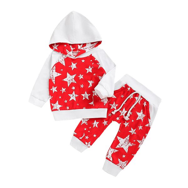 

infant baby boys girls christmas star print pullover hoodie +pants outfits print long sleeve hooded collar sets, White