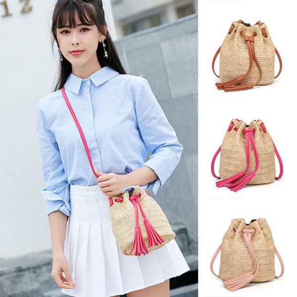 

sleeper #4005 women fashion solid color high capacity weave tassels shoulder bucket bag ing