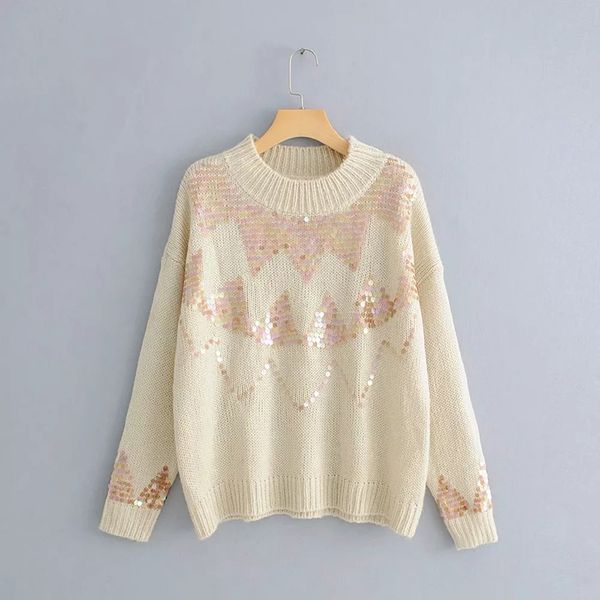 

zxqj woman sweater 2019 new autumn winter fashion ladies sequined casual elegant o-neck warm girls femme sweet knitwear, White;black