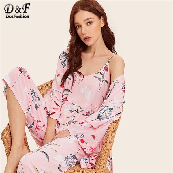 

dotfashion pink floral print cami pajama set with robe 2019 summer pajamas for women casual spring ladies long sleeve nightwear, Blue;gray