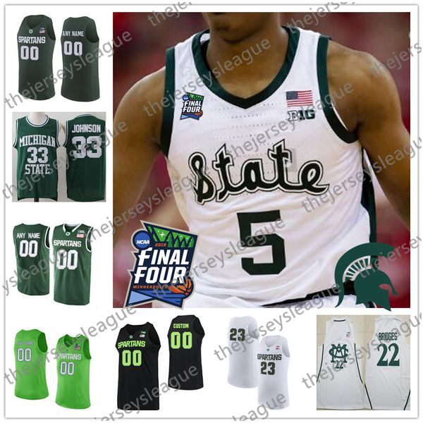 

2019 final four michigan state spartans custom any name number stitched white green #5 cassius winston 33 johnson ncaa basketball jersey, Black