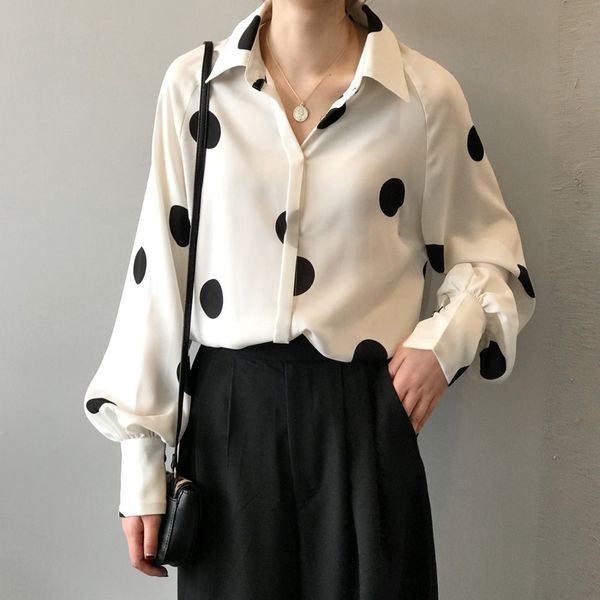 

ewq] 2020 spring and summer new retro polka dot chiffon shirt female long sleeve turn-down collar loose women blouse qz746, White