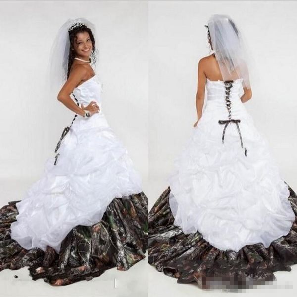 

Luxury Camo Ball Gown Wedding Dresses Strapless Appliques Satin Corset Lace Up Back Camouflage Bridal Gowns Sweep Train 62