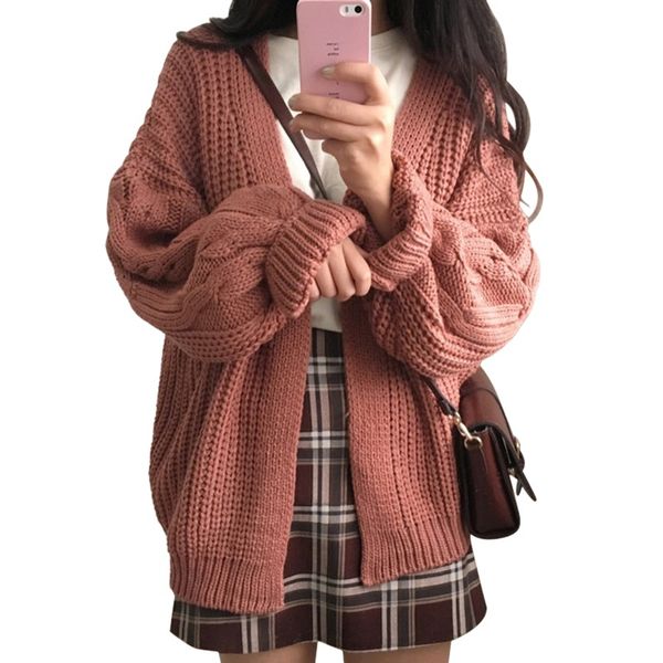 

women casual solid color round neck vintage lantern sleeve loose cardigan warm knit coat, White
