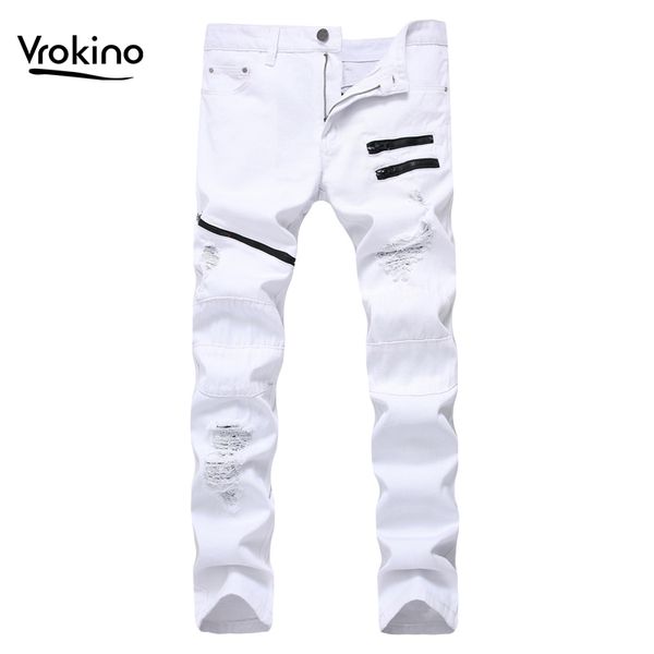 

vrokino 2019 new men's spring and autumn jeans fashion men's knee zipper red white ripped jeans slim slim trousers 38 40, Blue