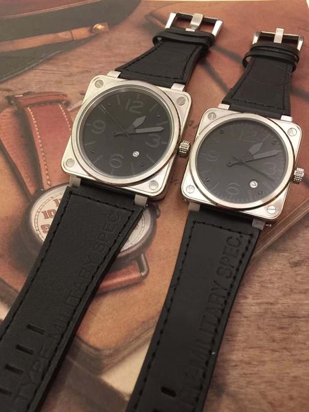 

classical style bellross aviation 42mm quartz battery heritage handsome mens watch watches black leather strap outdoor man wristwatches, Slivery;brown