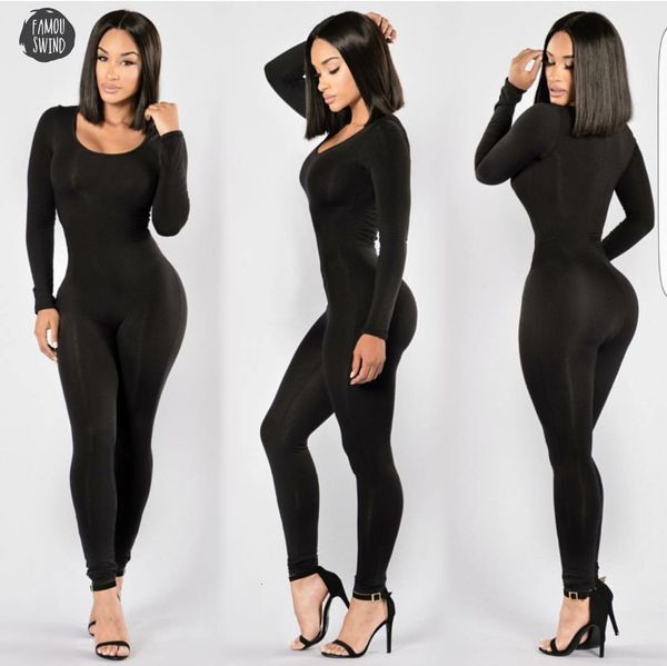 

sleeve women jumpsuits o neck long 2019 pants new fashion bodycon jumpsuit black solid colors rompers, Black;white