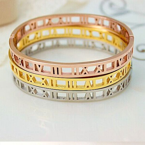 

fashion charm tyme hollow roman numerals gold-color 316l stainless steel lover bangle bracelet for women gift cuff bangle, Black