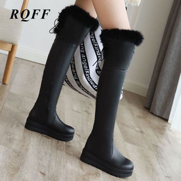 

black autumn winter over-the-knee boots women plus big size fashion flat with med heels shoes woman platform faux fur solid boot