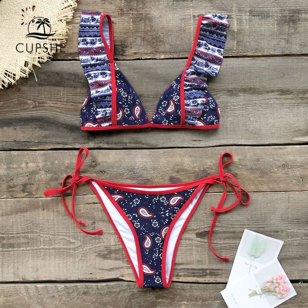 

cupshe ruffle red and blue paisley self-tie bikini sets women cute two pieces swimsuits 2019 girl beach bathing suits