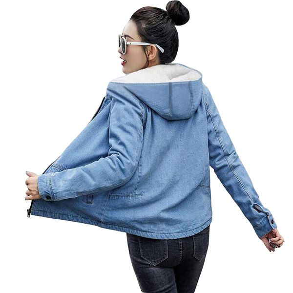 

winter warm fur jeans jacket women bomber jacket blue denim female coat with full warm lining & hooded zipper pockets, Black;brown