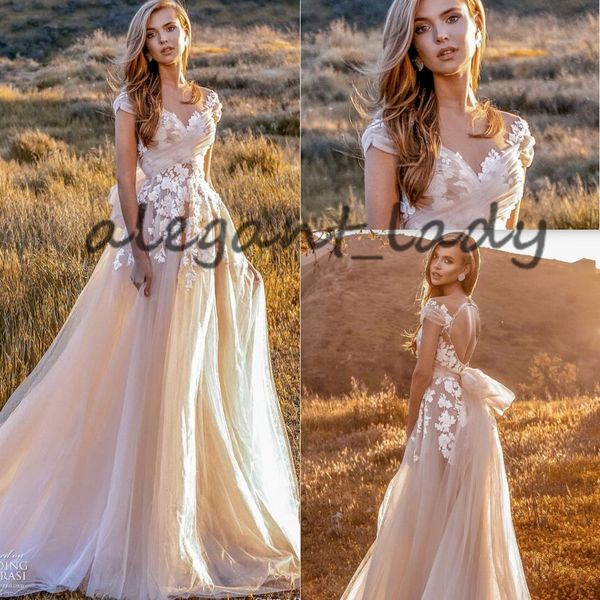 

blush champagne country wedding dresses crystal design lace floral keyhole back fairy tail bow bohemian beach bridal wedding gown, White