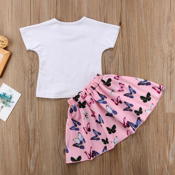 

toddler kid baby girls 2pcs butterfly print short sleeve t shirt skirt outfits set kids girls clothing sets summer, White