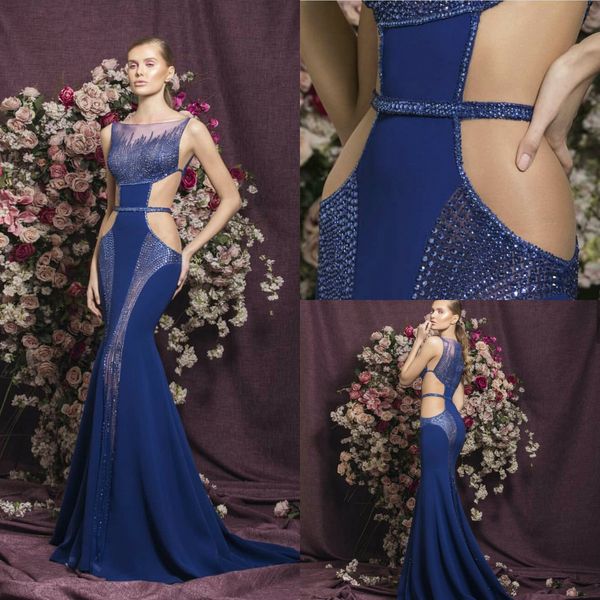 

rami salamoun 2019 mermaid prom dresses bateau neck beaded sweep train evening dress party wear custom made formal gowns, Black