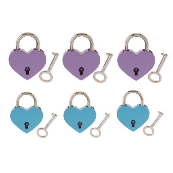 

6 pieces unique heart shaped bridge lock padlock with keys blue and purple