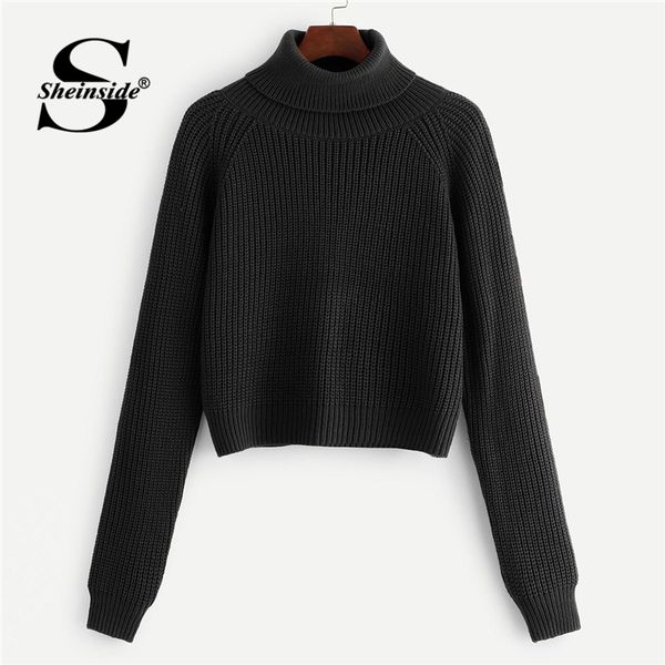 

sheinside black coffee crop sweater women pullovers roll neck raglan sleeve jumper fall winter for womens knitted sweaters, White;black