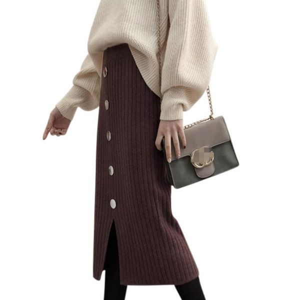 

2019 autumn winter skirts womens knit high waist split long skirt bag hip metal button solid color maxi skirt faldas mujer moda*, Black