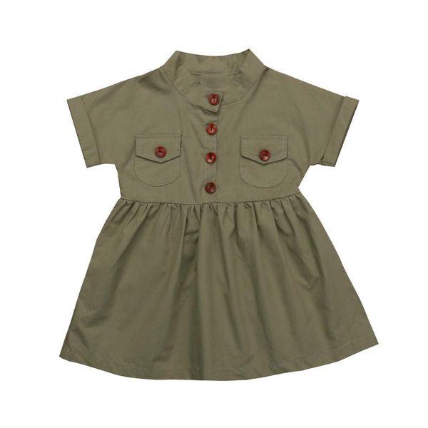 

1-6y summer pretty infant kids baby girls dress turn down collar button army green a-line knee-length dress, Red;yellow