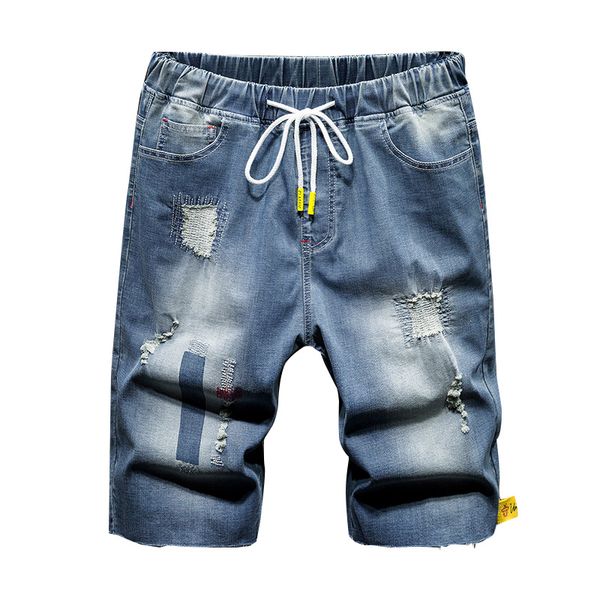 

large size 7xl summer fashion men clothing ripped straight denim shorts jeans casual destroyed hole fit male brand men's pants, Blue