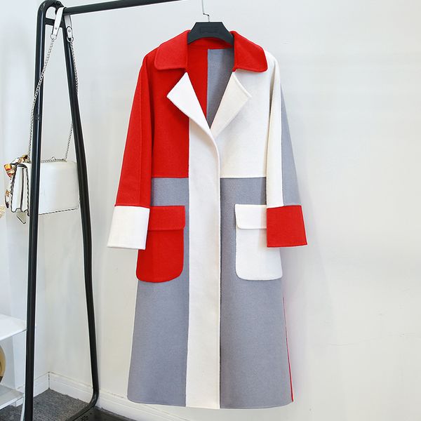 

2019 winter wool blend hit color patchwork coat female long sleeve big pocket warm coat, Black