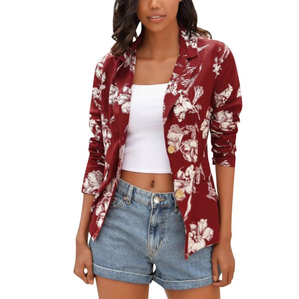 

button women's jacket floral printed long sleeve lapel plus size sweatshirt spring slim womens coats and jackets outwear, Black;brown