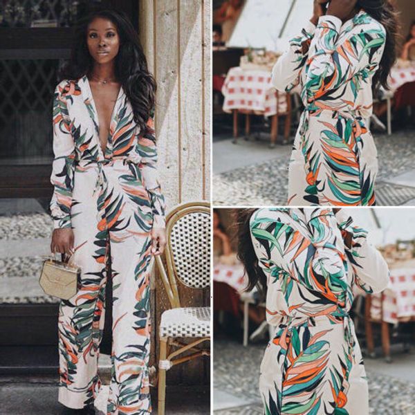 

rompers for women new fashion women lady casual v neck plant printed long sleeve holiday bodycon jumpsuit slim romper trouser, Black;white
