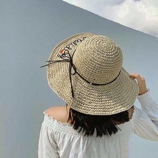 

women letter bowknot foldable straw weave hat wide brim sunscreen beach cap straw hat summer cap beach summer ca, Blue;gray