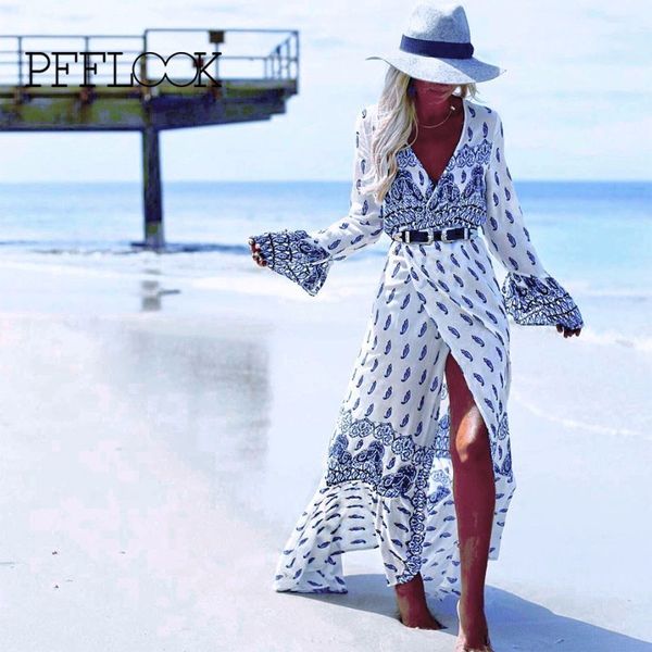 

pfflook 2018 new summer women cover up retro printed dress beachwear beach tunic dress sarongs bathing suit swimsuit robe, Blue;gray