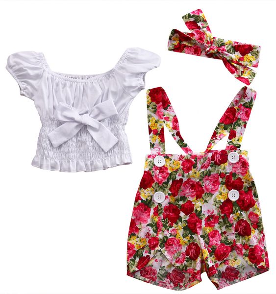 

cute summer новорожденных малышей baby girl white tops цветочные bib комбинезоны брюки оголовье 3шт комплекты комплект одежды для 0-4years