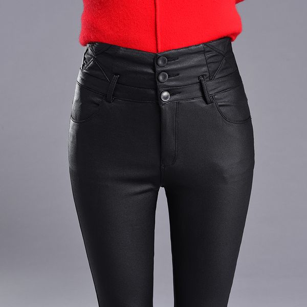 

autumn winter women plus velvet leather pants high waist elastic shiny trousers female pencil leather pants women, Black;white