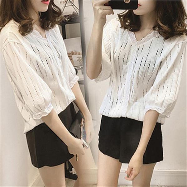 

summer clothes t- lace large size t- women's half sleeve loose base shirt fashionable short hollow temperament lace shirt top, White