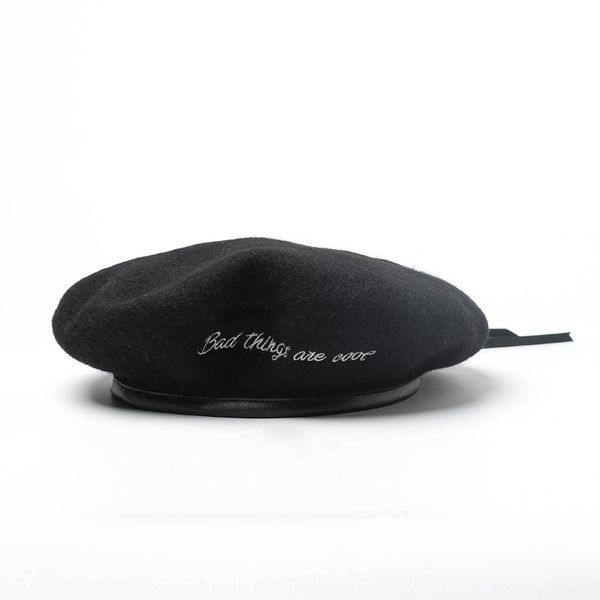

pu leather edge adjustment drawstring woolen woolen letter embroidery beret painter painter hat wool beret wool cap, Blue;gray