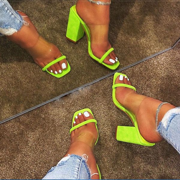 

women sandals transparent sandals ladies high heel slippers candy color open toes thick heel fashion female slides summer shoes, Black
