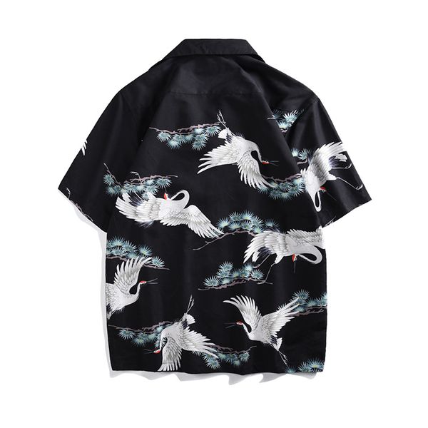 

2019 red-crowned print hawaiian shirt men casual tropical holiday beach men's shirts summer short sleeve loose black shirts, White;black