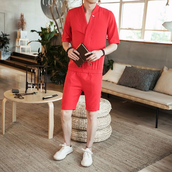 

summer linen short set men 2019 brand tshirt men casual beach set big 5xl t-shirt suit fashion suit kimono chinese clothing, Red