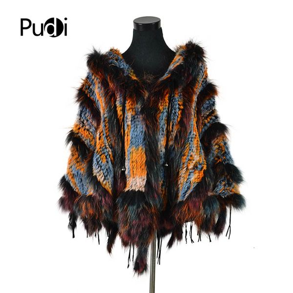 

ck708 real knitted rabbit shawl poncho stole with tassels shrug cape robe tippet wrap with raccoon fur collar women y190926, Black;brown