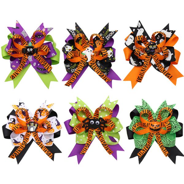 

4.5 inch halloween hair bows for girls designed printed hair clip pumpkin ghost patches hairpin festival party kids hair accessories fj618, Slivery;white
