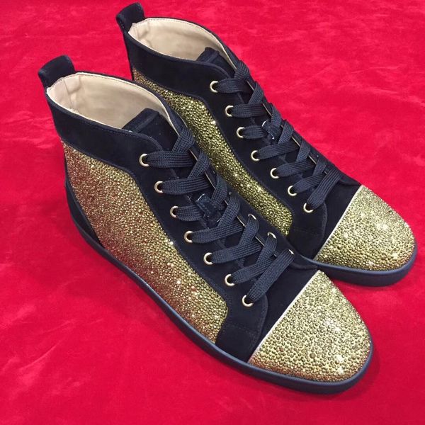 

2019s fashion men women lady black suede leather gold crystal low sneakers casual flat shoes lace up boots red sole bottom