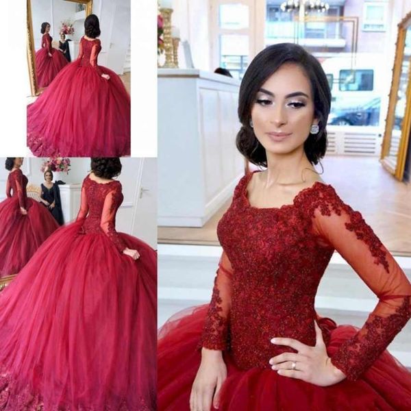 Vestido de baile vermelho escuro vestidos de noite mangas compridas Apliques de renda Triered Tulle Sweet 16 Quinceanera baile vestidos vestidos de quinceanera