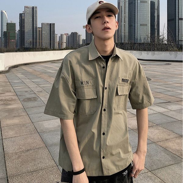 

2020 summer half sleeve tooling shirt men's korean style loose casual shirts pure color letter pocket short sleeve shirt men, White;black