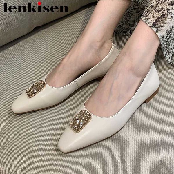 

lenkisen big size full grain leather small square toe low heel shoes women metal decorations office lady shallow pumps l51, Black