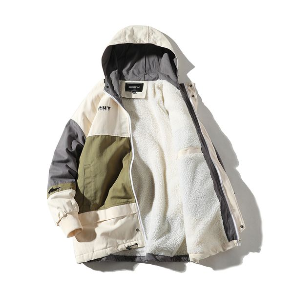 

autumn winter tooling jackets men thicken hooded lamb cotton coat patchwork streetwear couple casual loose bomber jacket, Black