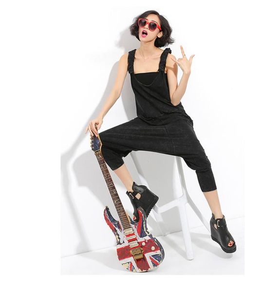 

women personality women's casual suspenders jumpsuit tide, Black;white