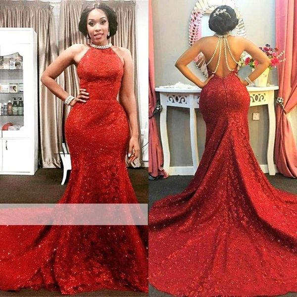 

2020 vintage red evening dresses full lace with sequined court train halter pearls open back formal prom gowns, Black;red