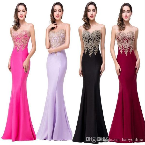 Robe De Soiree Vestidos de baile baratos Sirena sexy Sheer Jewel Neck Apliques Sin mangas Vestidos de noche formales largos CPS262