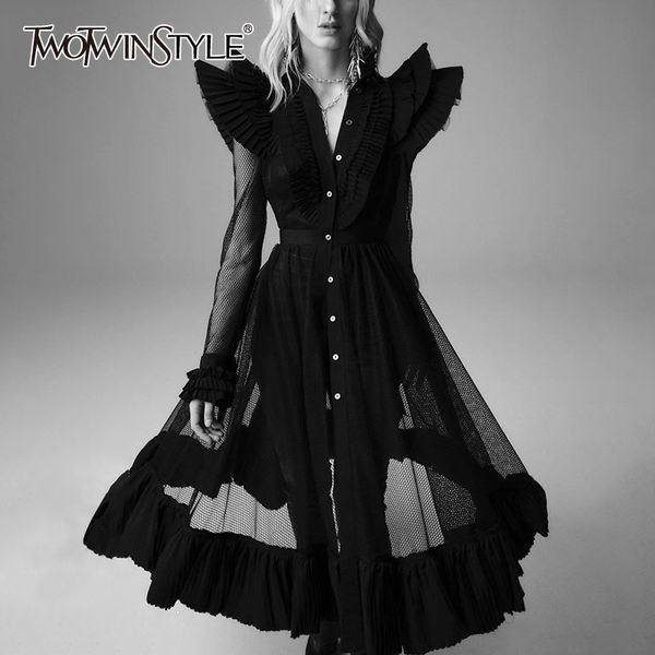 

twotwinstyle vintage patchwork mesh women dress v neck long sleeve high waist hollow out midi dresses for female fashion clothes, Black;gray