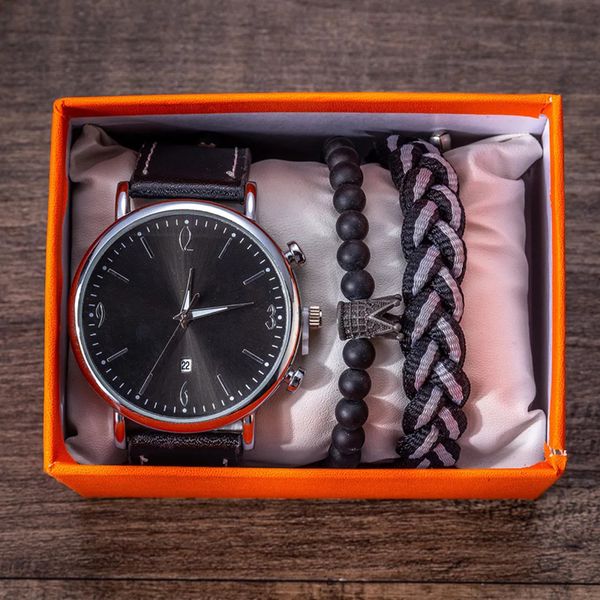 

new brand quartz wristwatch men's quartz bracelet watches set black business sport strap watch gift set for men with clock box, Slivery;brown